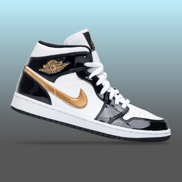 Jordan 1 Mid Patent Black White Gold